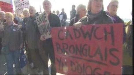 Protestwyr Ysbyty Bronglais y tu allan i'r Senedd