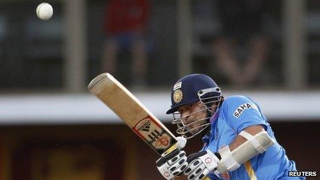 India's Sachin Tendulkar plays a shot during their Tri-series one-day international cricket match against Sri Lanka at Bellerive Oval in Hobart - 28 February 2012