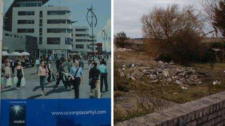 Billboard showing plans for the Ocean Plaza site (l) and how it currently looks
