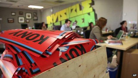 A box full to the brim with KONY 2012 campaign posters at Invisible Children's HQ