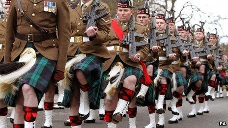 The Royal Regiment of Scotland parade from Stirling Castle to the city chambers to mark the Royal Regiment of Scotland being awarded the freedom of Stirling