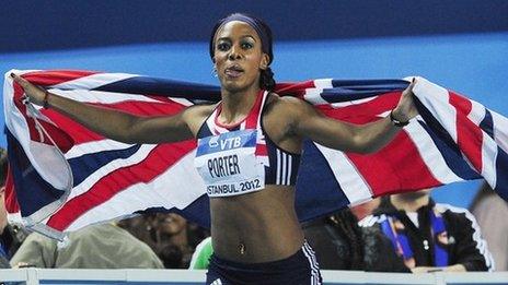 Great Britain's Tiffany Porter celebrates her second place in the Women's 60m Hurdle Final during the IAAF World Indoor Championships