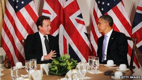 David Cameron (left) and Barack Obama at UN General Assembly in New York City on 21 September 2011