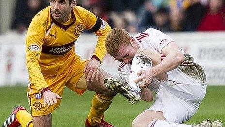 Fraser Fyvie feels the effects of a late tackle from Keith Lasley.