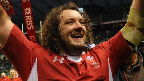 Adam Jones celebrating Wales securing the Triple Crown at Twickenham