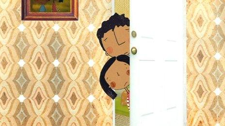 A cartoon living room scene. Two children peer from behind a door. They look upset.