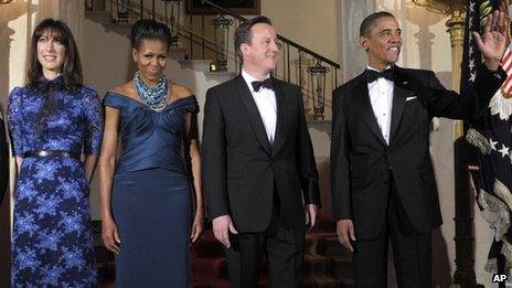 From left to right: Samantha Cameron, Michelle Obama, David Cameron and Barack Obama pose for a photo before the State Dinner