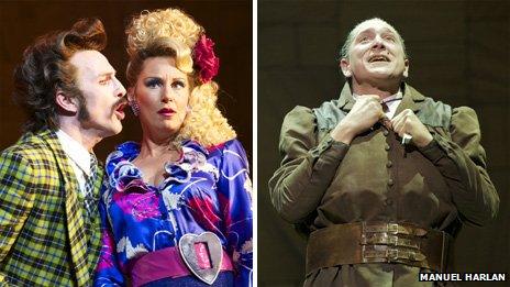 Paul Kaye as Mr Wormwood and Josie Walker as Mrs Wormwood (left) and Bertie Carvel as Miss Trunchbull in Matilda The Musical. (Photo by Manuel Harlan)