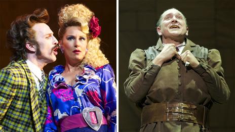 Paul Kaye as Mr Wormwood and Josie Walker as Mrs Wormwood (left) and Bertie Carvel as Miss Trunchbull in Matilda The Musical. (Photo by Manuel Harlan)