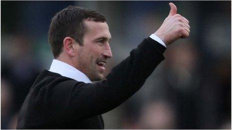 Newport County manager Justin Edinburgh celebrates at Wealdstone