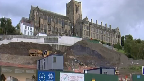 Part of Pontio site with Bangor university main building at the top of the hill