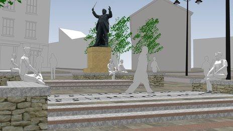 Artist's impression around Cardadog statue in Aberdare