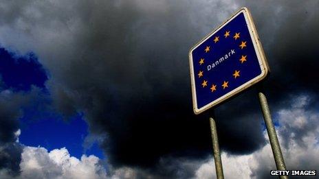 Dark clouds with a European Union flag