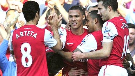 Arsenal celebrate Kieran Gibbs's goal against Aston Villa