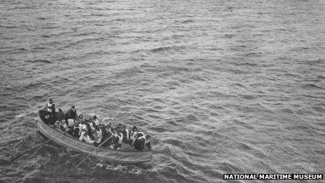 A photograph taken from the Carpathia by passenger Louis Ogden as it reached the scene of the Titanic disaster, showing a lifeboat of survivors