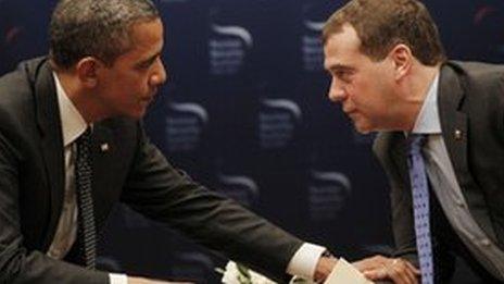 Barack Obama (L) and Dmitri Medvedev at the Nuclear Security Summit in Seoul, South Korea, Monday, March 26, 2012.