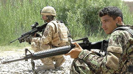 An archive image of a soldier from the First Battalion the Royal Regiment of Scotland on a training exercise with an Afghan National Army soldier