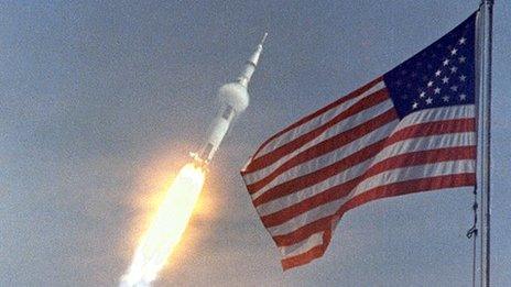 Apollo 11 blasting off in 1969