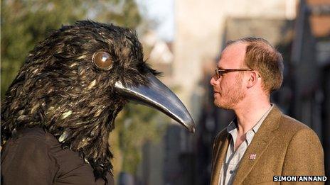 Crow mask with Handspring's Mervyn Millar (Photo: Simon Annand)