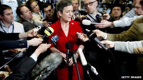 Denmark's Economy Minister Margrethe Vestager talks to press