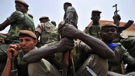 Malian soldiers in the capital, Bamako, 29 March