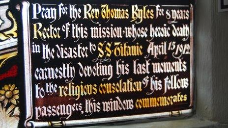Inscription on stained glass window at St Helen's Church in Chipping Ongar