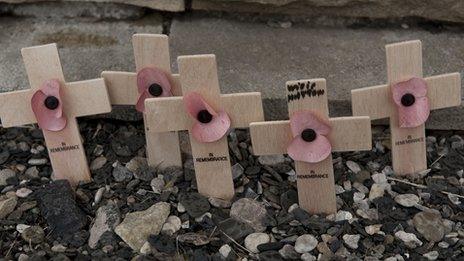 Crosses bearing poppies remember British soldiers killed in the Falklands War