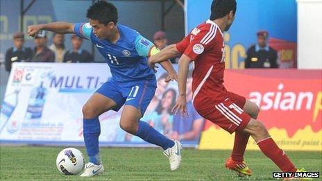 Indian attacker Sunil Chhetri (left) in action against Tajikistan in March 2012