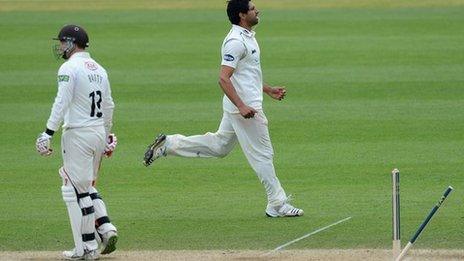 Amjad Khan celebrates bowling Jonathan Batty