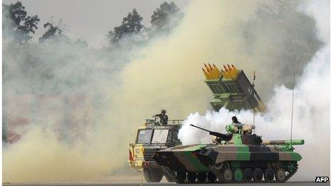 This file picture taken on January 15, 2012, shows Indian soldiers displaying their combat skills in a demonstration during the Army Day parade in New Delhi.