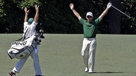 Louis Oosthuizen celebrates his albatross on the second