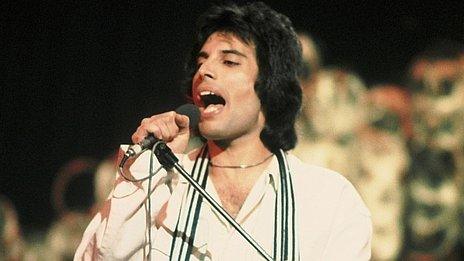 Freddie Mercury, performing with Queen on Top Of The Pops in the 1970s