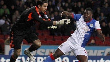 Liverpool keeper Brad Jones fouls Yakubu for Blackburn's second penalty