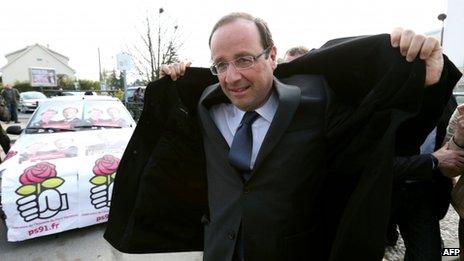 Francois Hollande on campaign visit on 7 April 2012 in Les Ulis, outside Paris