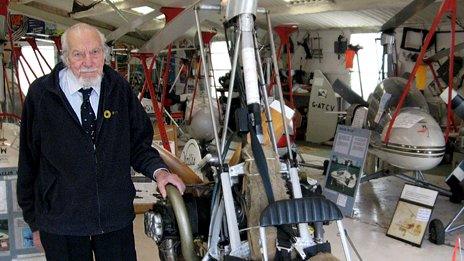 Wing Cdr Ken Wallis in his workshop at Reymerston Hall