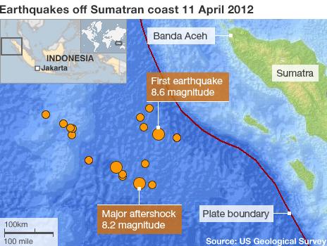 Map showing earthquakes recorded near Sumatra on 11 April 2012