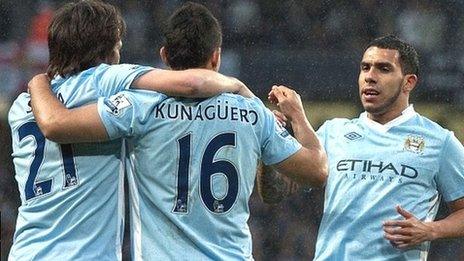 City goalscorers David Silva (left), Sergio Aguero (centre) and Carlos Tevez (right)