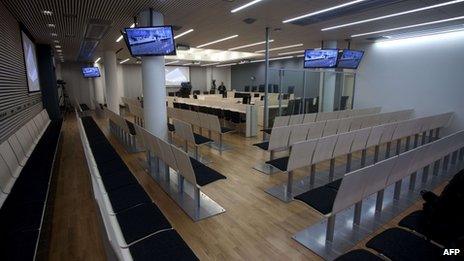 A court room is pictured during a press conference in Oslo City Court on April 11, 2012 in Oslo.