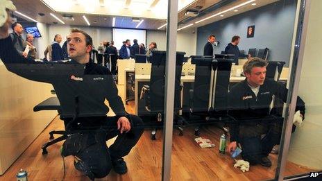 The court room which will accommodate the trial of Anders Behring Breivik who killed 77 people in a bomb-and-shooting massacre is prepared Friday April 13, 2012 in Oslo, Norway