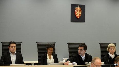 Judges sit in the courtroom on the second day of Anders Behring Breivik's trial (17 April 2012)