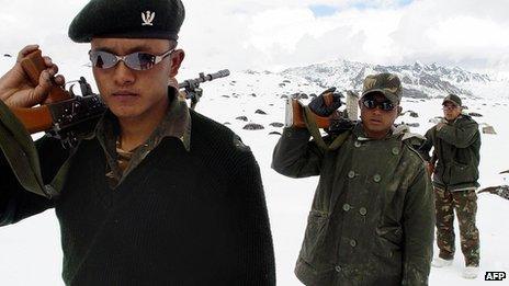 Indian army soldiers patrol near the border with China in Arunachal Pradesh - 31 October 2003