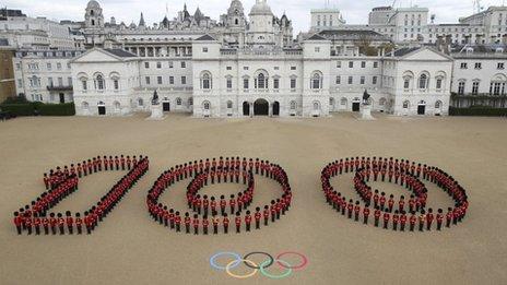 260 Guardsmen from the Grenadier, Coldstream, Scots and Welsh Guards forming a giant "100" at Horse Guards Parade in London to mark 100 days to go until the 2012 London Olympic Games