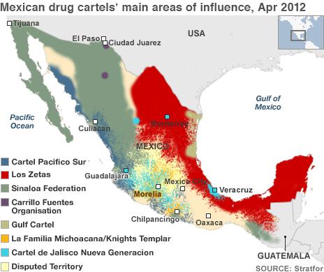 Map showing areas of influence of Mexican drug cartels