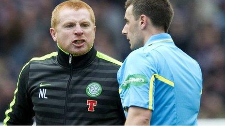 Celtic manager Neil Lennon (left) makes his feelings known to referee Euan Norris after the semi-final loss to Hearts