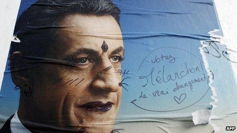 Sarkozy campaign poster covered in graffiti