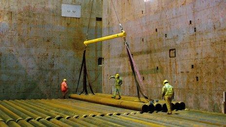 Steel pipes being loaded