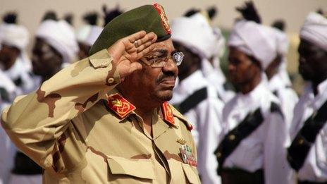 Sudanese President Omar al-Bashir salutes during a visit to al-Obeid, North Kordofan, Sudan, Thursday, April 19, 2012