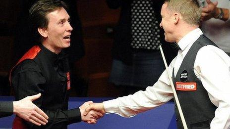 Ken Doherty congratulates Stephen Hendry