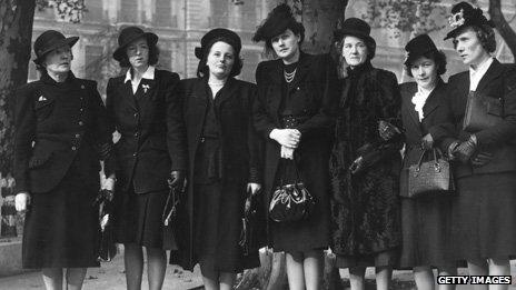 Left to right - Ella Gammon, Elsie Noel, Irene Davies, Eilleen Thomas, May Griffin, Diana Howell and Dorothy Court the sister of one of the victims.