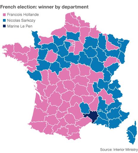 Map showing the winner of the presidential election in each department and overseas territory